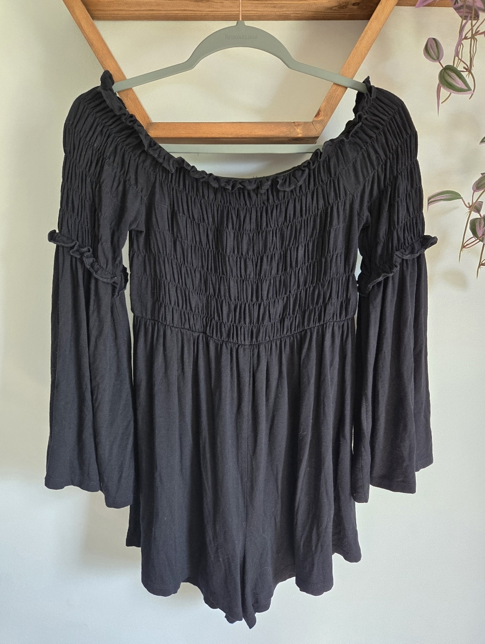 ASOS Black Smocked Off-Shoulder Long Sleeve Romper